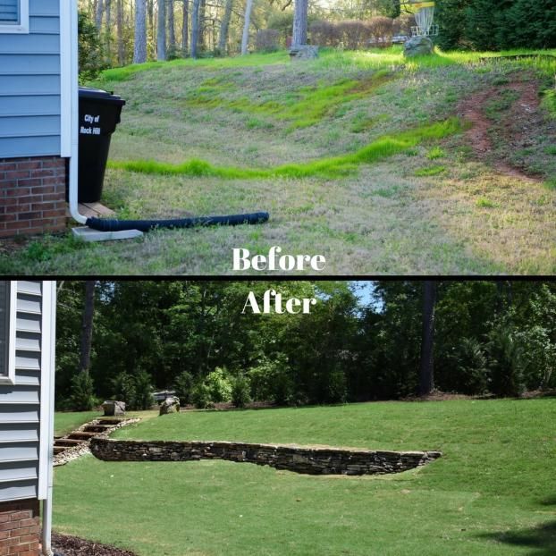 Before-and-after photos of a backyard hillside transformed with a stone retaining wall and lush green grass.