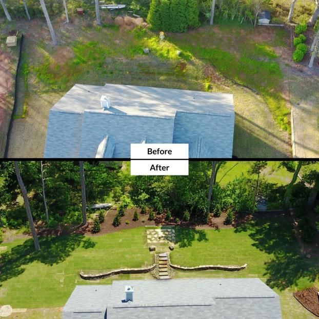 Before and after aerial view of a yard renovation featuring new landscaping, a stone wall, and a staircase.