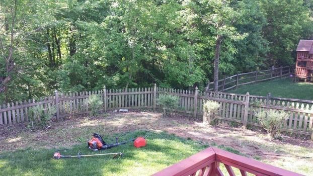 A backyard lawn with a wooden picket fence, scattered lawn tools, and a wooden play structure under a canopy of trees.