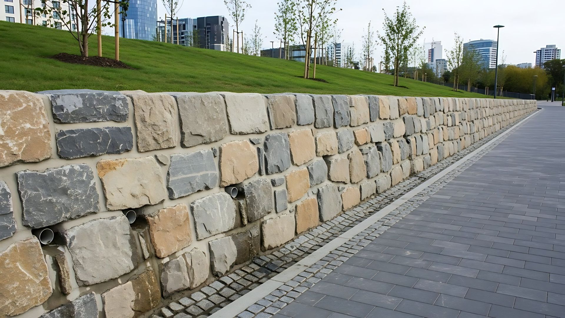 A low retaining wall built of multi-colored, rough-hewn stone blocks borders a paved walkway and a grassy embankment.