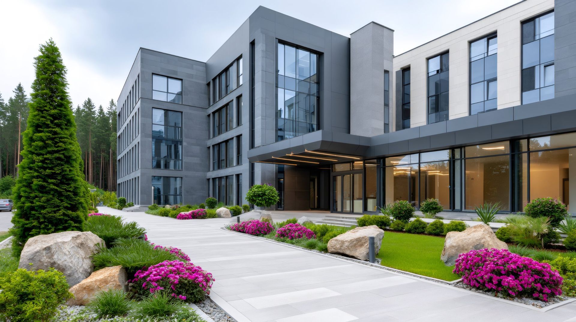 Modern, multi-story office building with gray and white facade, glass windows, and a landscaped walkway with flowers.
