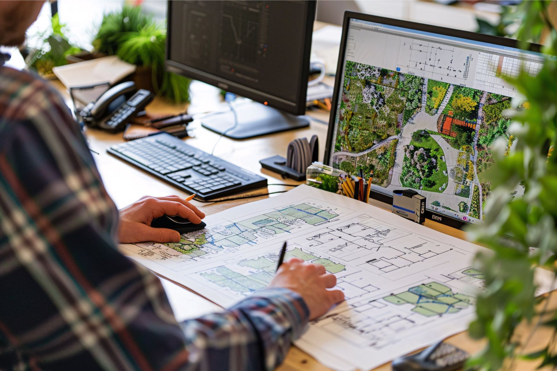 A person in a plaid shirt works at a desk, using a computer mouse and pen to edit a landscape design blueprint.