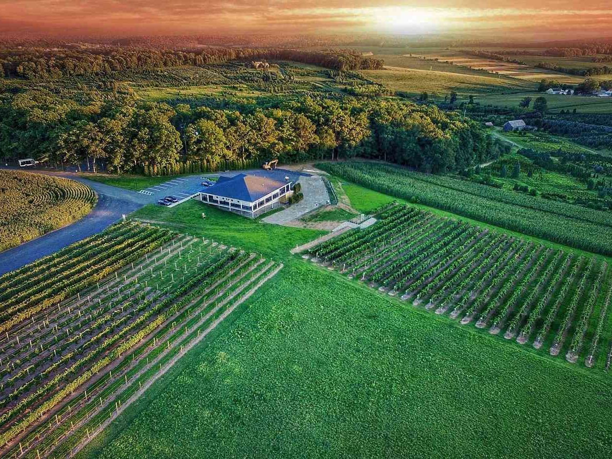 An aerial view of a farm with a house in the middle of a field.