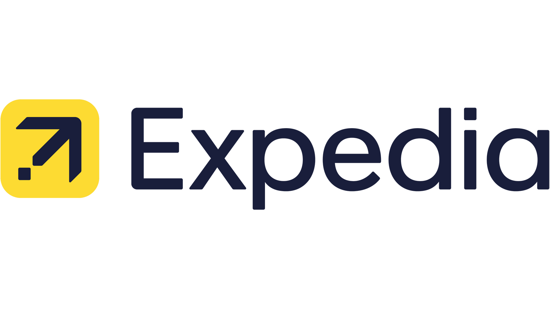 The expedia logo is black and yellow and has a yellow arrow pointing up.