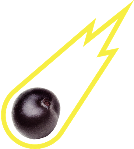 A black plum with a yellow lightning bolt behind it
