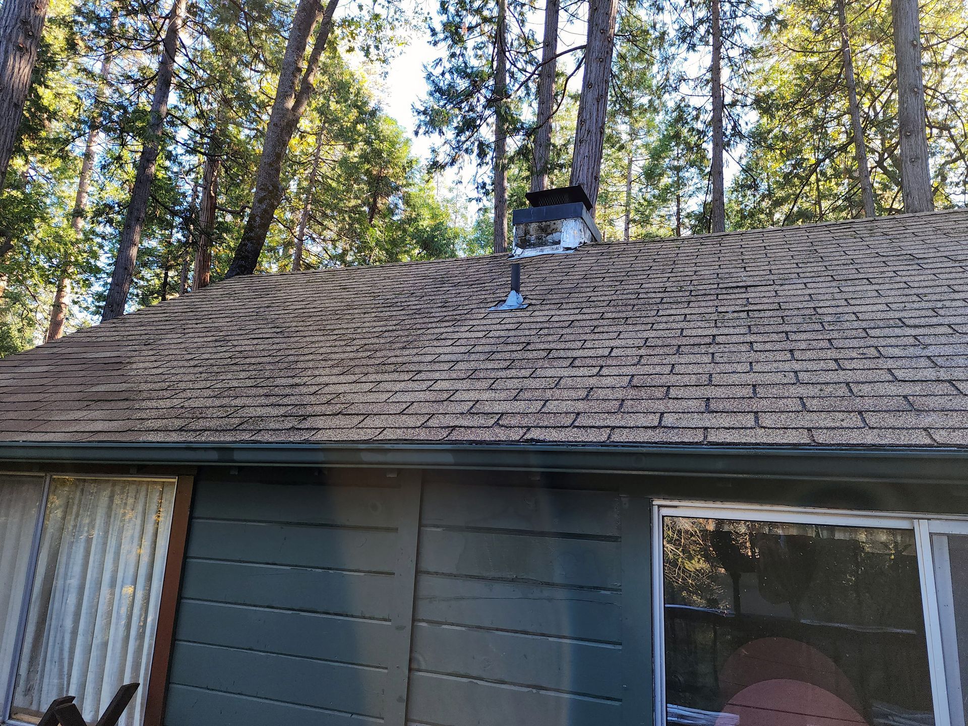 A house with a roof that is surrounded by trees.