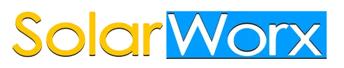A blue and yellow solar worx logo on a white background