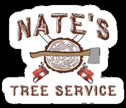 A logo for nate 's tree service with a tree stump and chainsaws