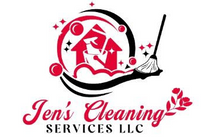 The logo for jen 's cleaning services llc shows a house and a mop.