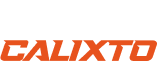 O logotipo da calixto é laranja e branco em um fundo branco.