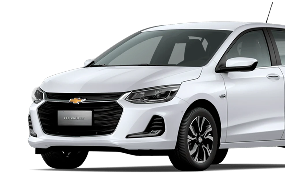Um chevrolet onix branco está estacionado em um fundo branco.