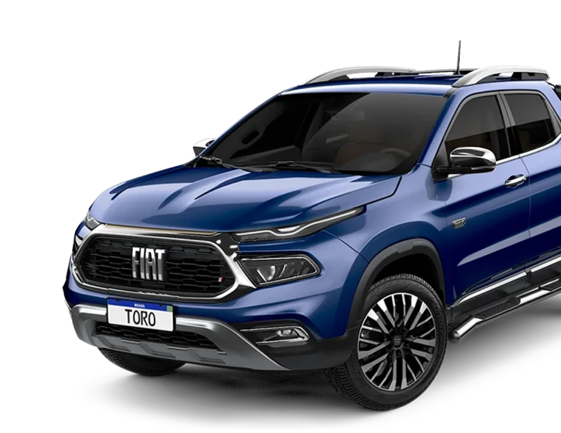 Um fiat toro azul está estacionado em um fundo branco.