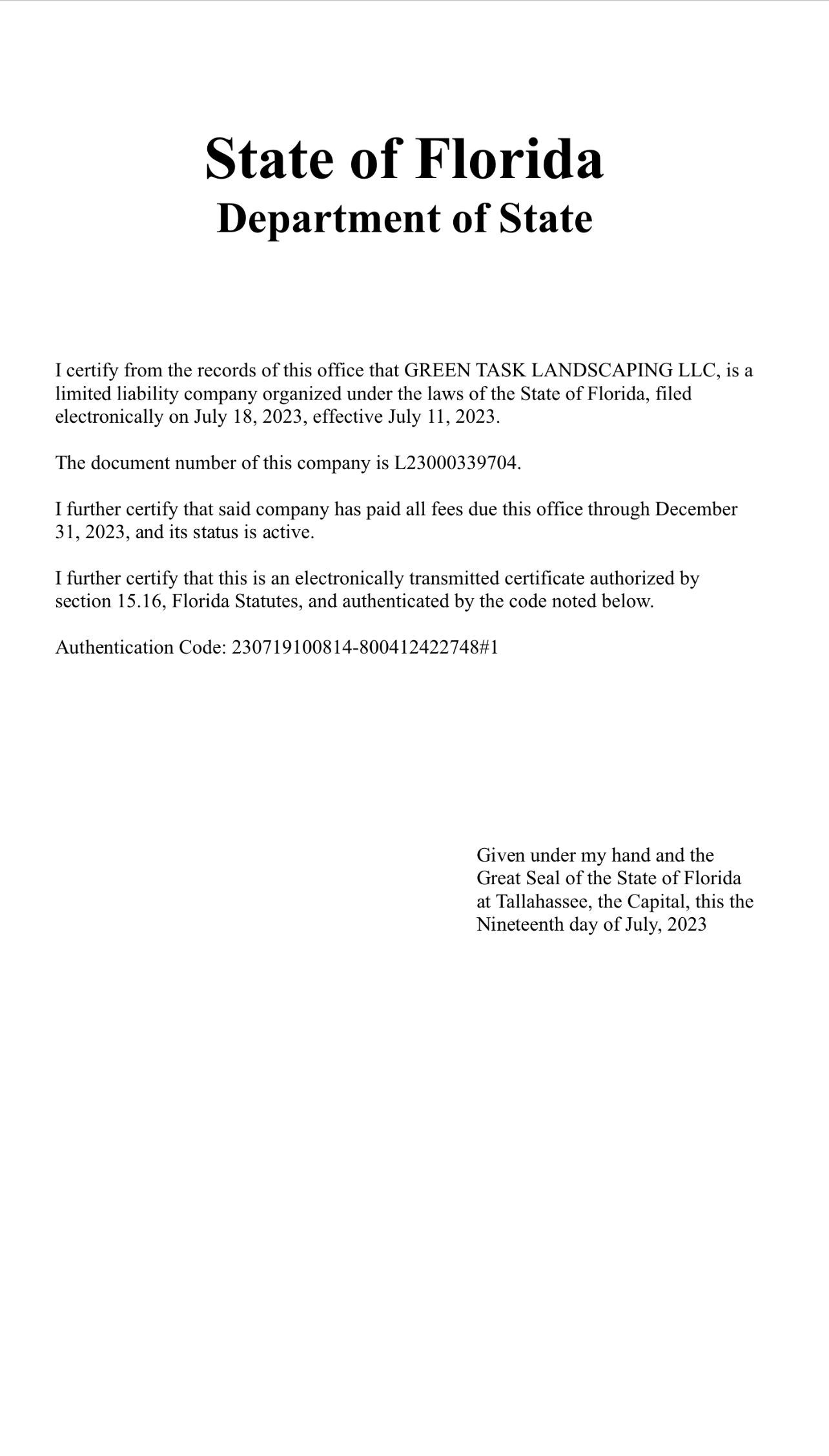 Credentials --Mid-West, Florida -- Green Taskk Landscaping