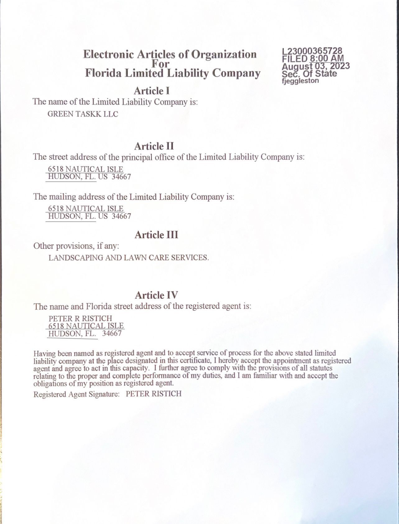 Credentials --Mid-West, Florida -- Green Taskk Landscaping