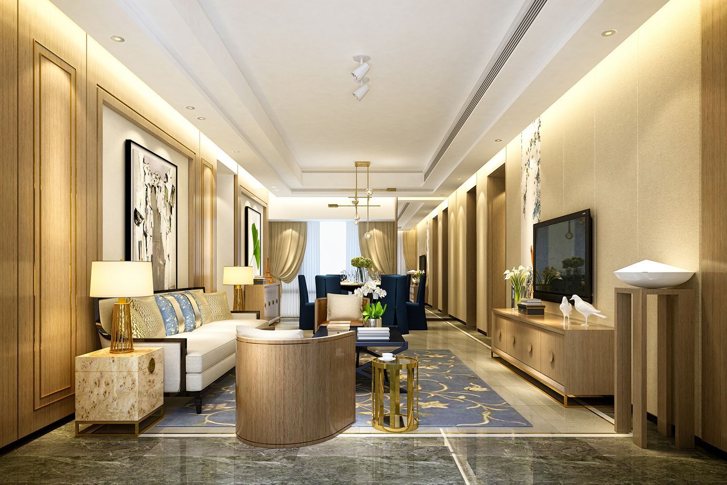 Elegant living room with beige and wooden accents, sofa, TV, and dining area. Elegant living room with beige and wooden accents, sofa, TV, and dining area.