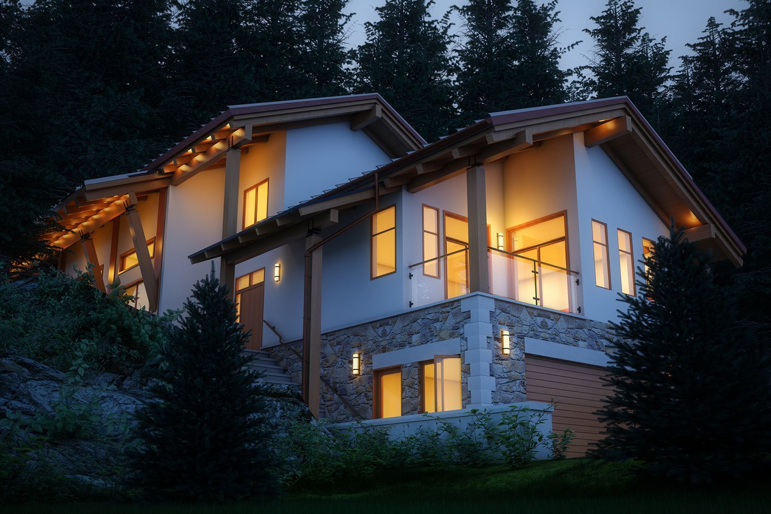 Two-story house at dusk, lit interior, stone and stucco facade, wood trim, set in a forest. Two-story house at dusk, lit interior, stone and stucco facade, wood trim, set in a forest.