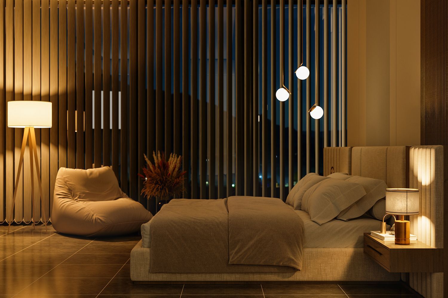 Bedroom with neutral tones, floor lamp, beanbag chair, bed, and decorative hanging lights. Night view through blinds. Bedroom with neutral tones, floor lamp, beanbag chair, bed, and decorative hanging lights. Night view through blinds.