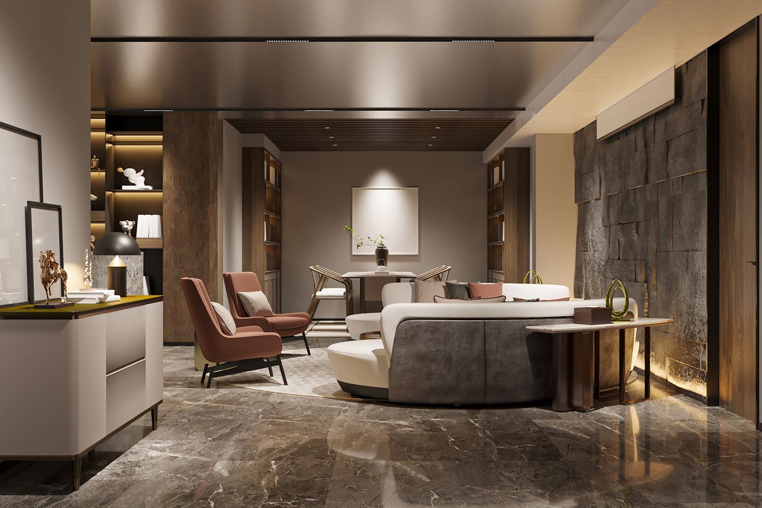 Modern living room with marble floors, seating area, and dining space. Neutral color palette, wood accents. Modern living room with marble floors, seating area, and dining space. Neutral color palette, wood accents.