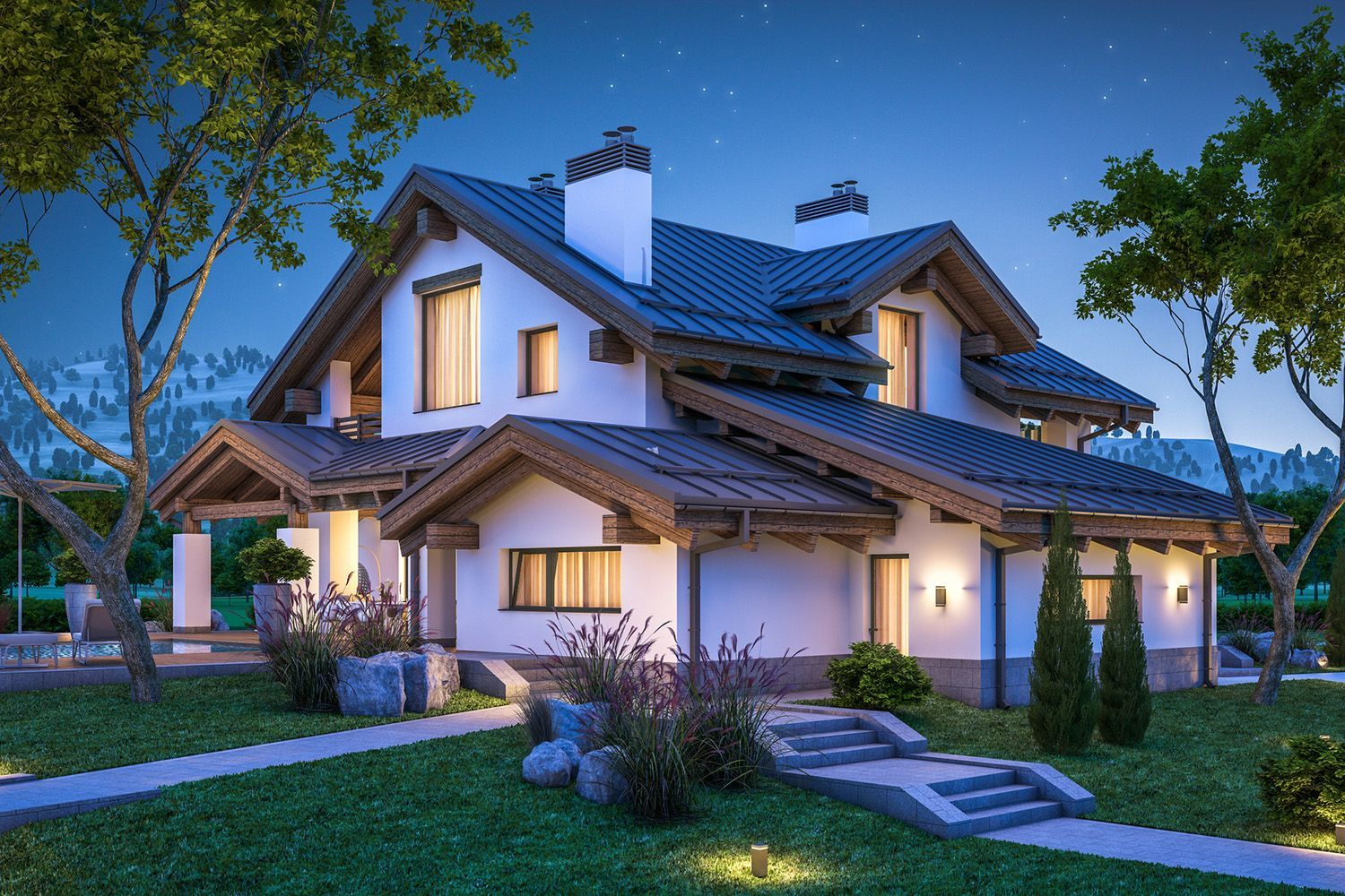 Two-story white house with wooden accents at night, illuminated by warm lights. Green lawn and trees. Two-story white house with wooden accents at night, illuminated by warm lights. Green lawn and trees.