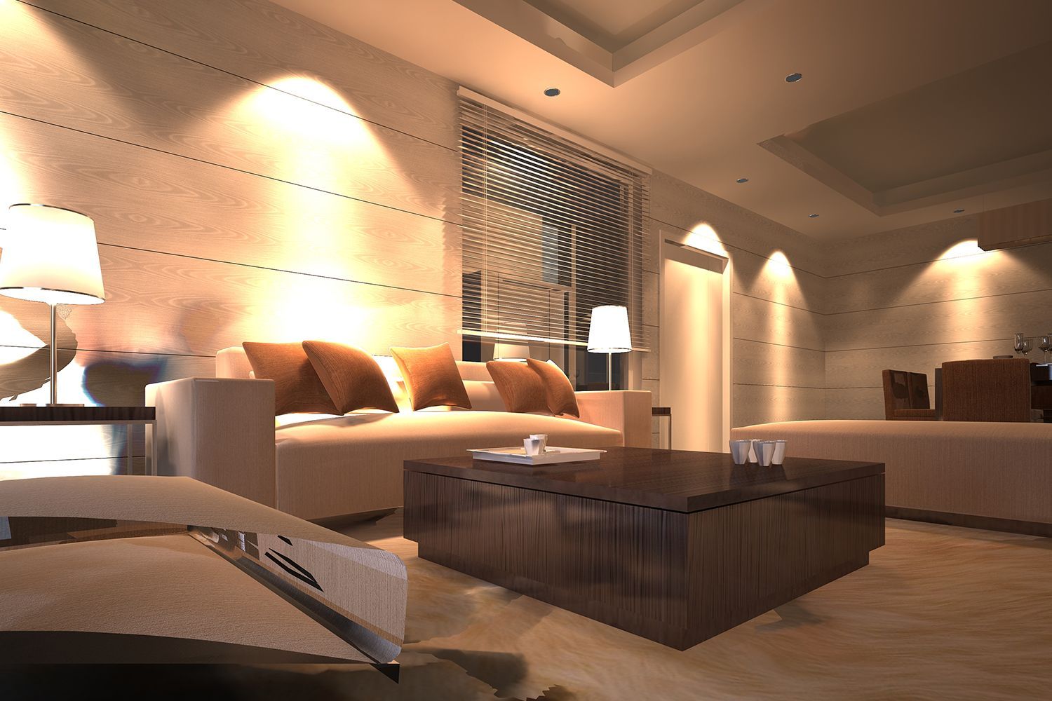 Cozy living room with beige sofa, dark wood coffee table, and soft lighting. Cozy living room with beige sofa, dark wood coffee table, and soft lighting.