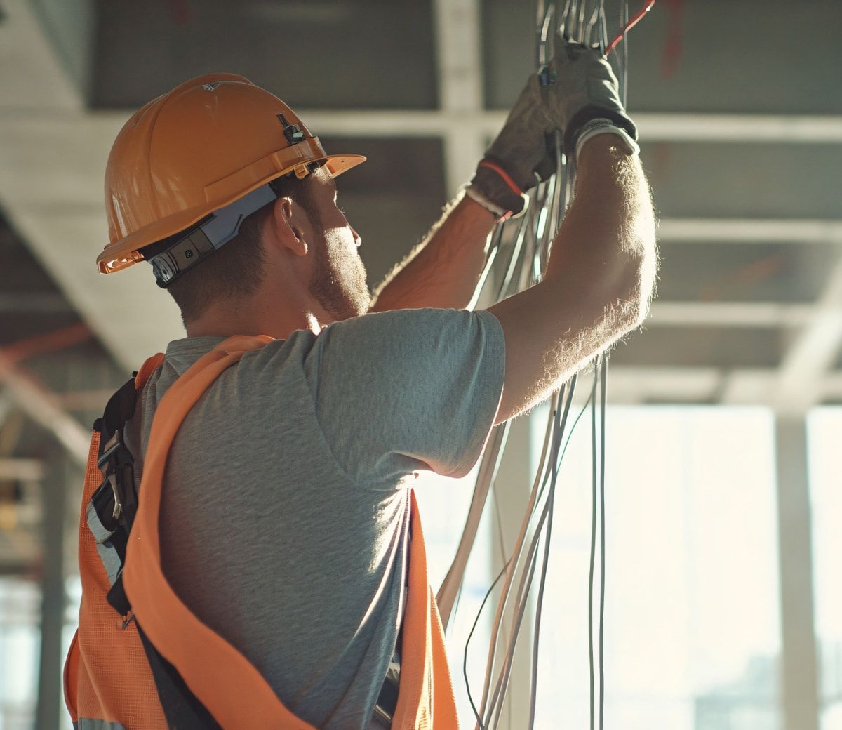 Construction worker in hard hat and safety vest working with wires indoors.