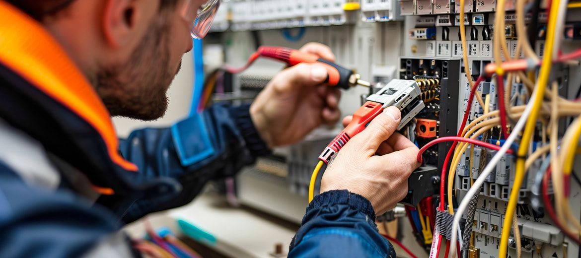 An electrician using a multimeter to test electrical wiring in a control panel.
