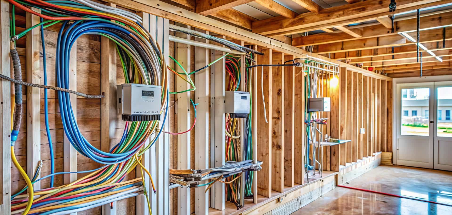 Interior view of a building under construction, showing electrical wiring and open wooden framing.