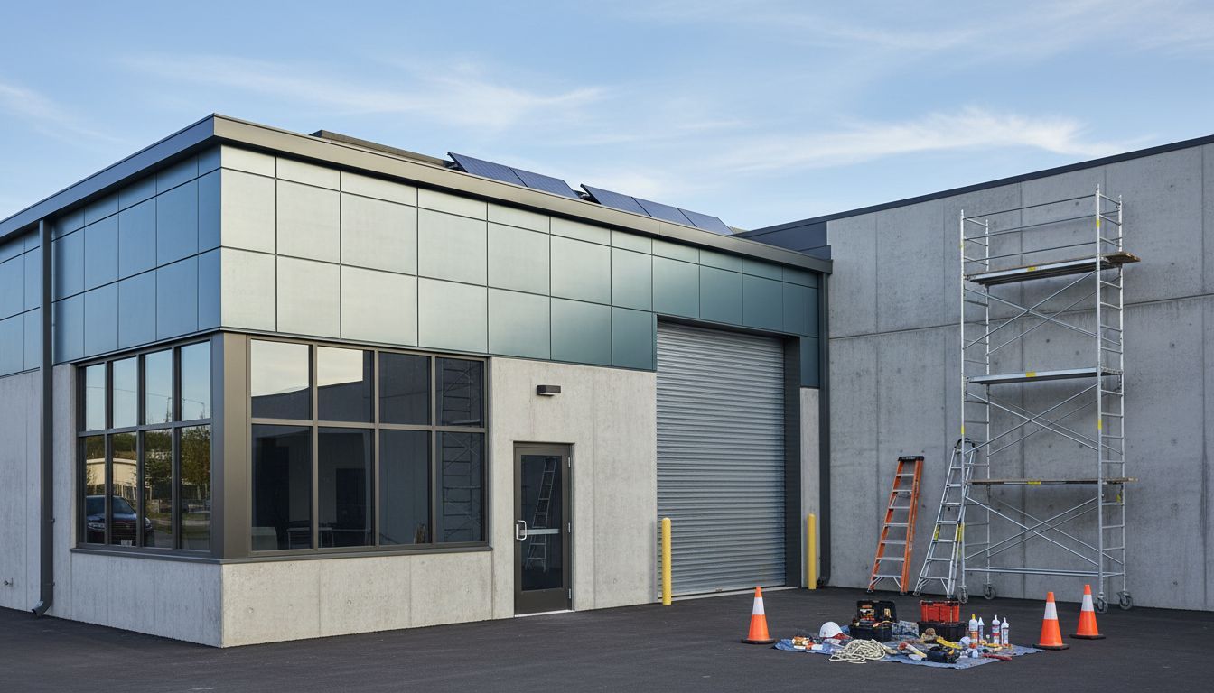 Modern industrial building exterior with windows, a roll-up door, scaffolding, and safety cones.