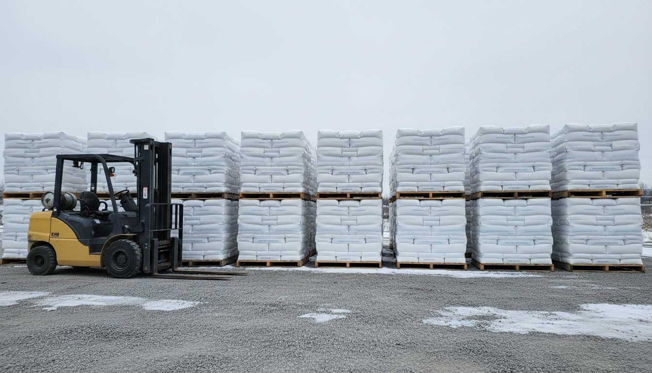 Yellow forklift moving pallets of white bags on a gravel surface outdoors.