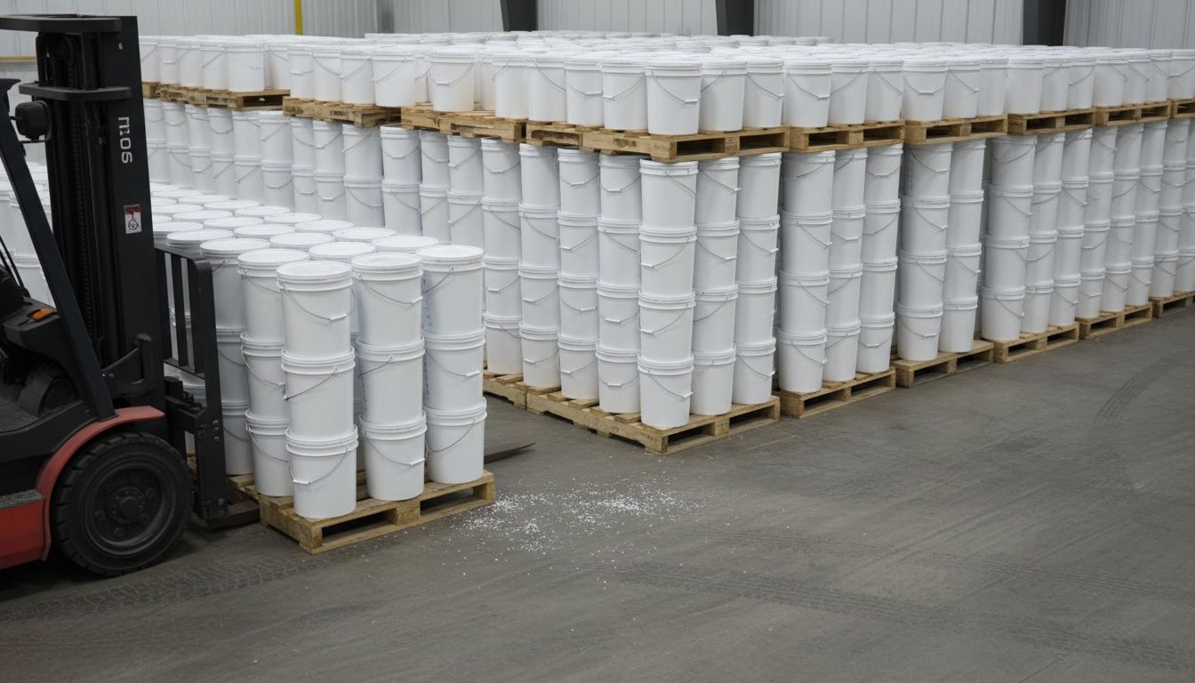 Forklift loading pallets of white buckets in a warehouse.