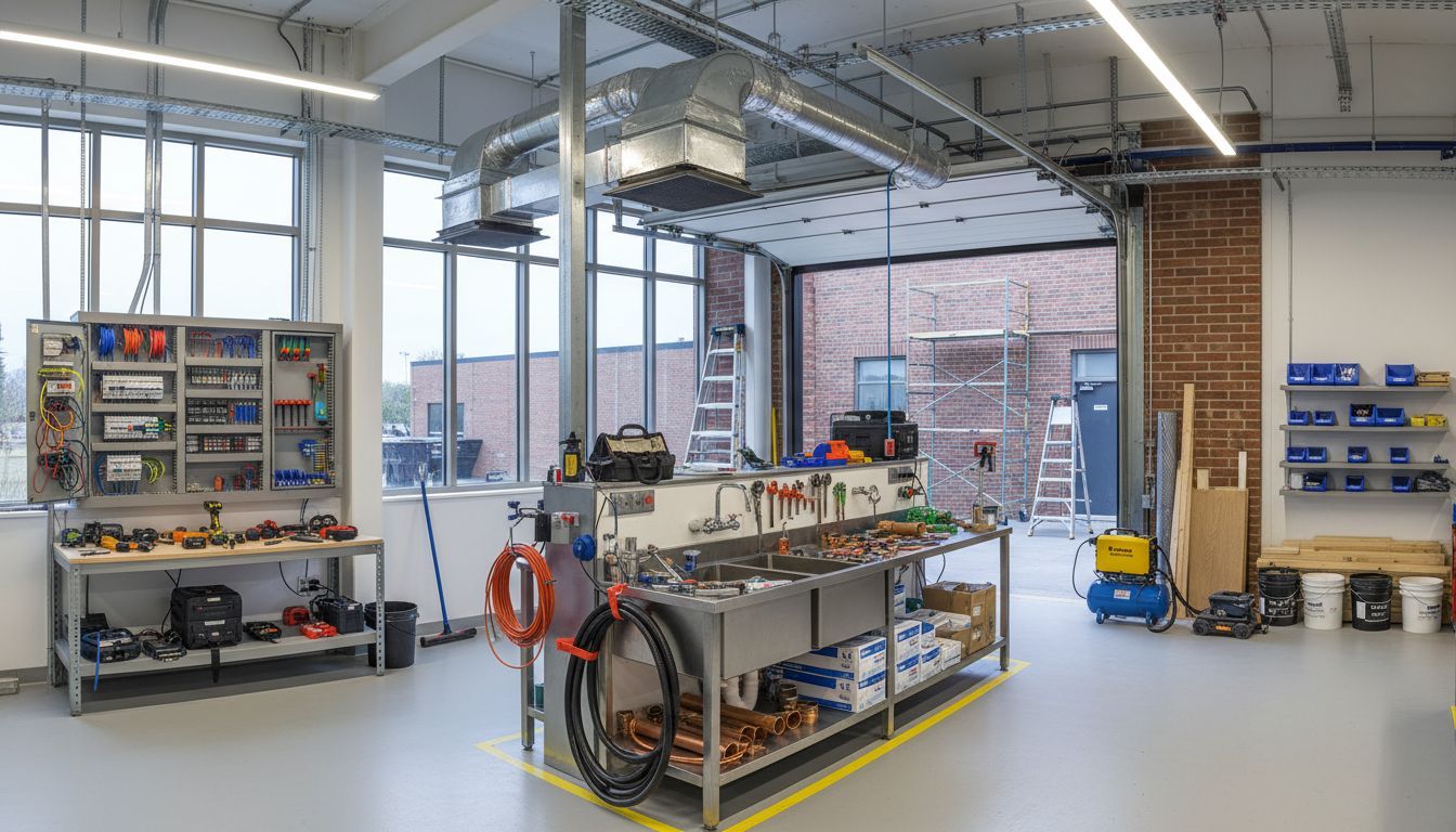 Workshop with tools, workbench, large windows, open garage door, industrial setting.