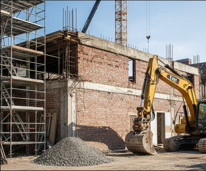 Construction site with excavator and building framework. Brick walls, scaffolding, and pile of gravel.