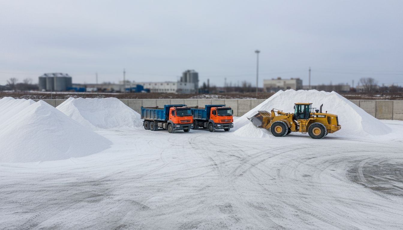 Two dump trucks being loaded with salt by a yellow loader in a salt storage yard.