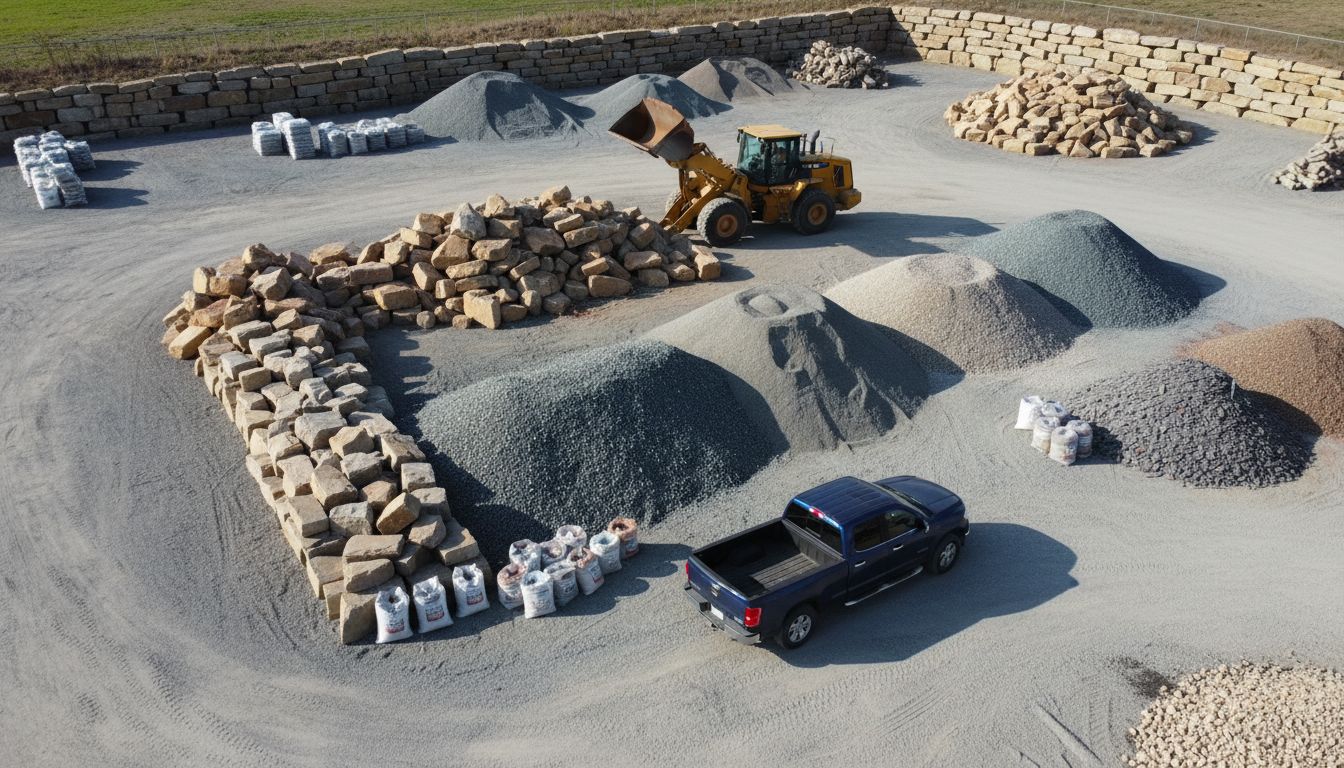 A gravel yard with piles of various rocks, a front-end loader, a pickup truck, and a stone retaining wall.