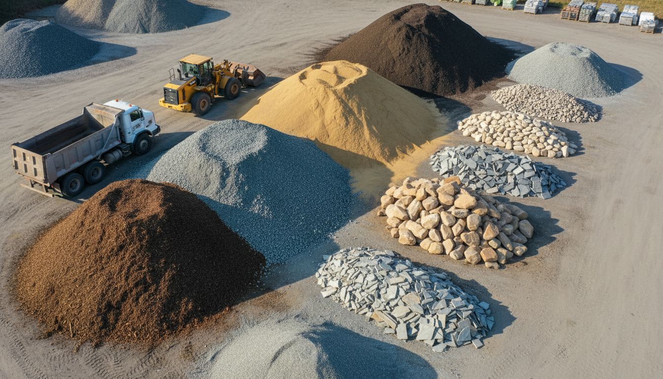 Piles of gravel, sand, and stone in various colors at a construction site; truck and loader present.