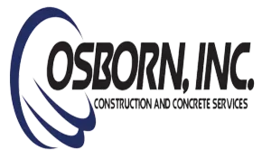 Logo for Osborn, Inc., with a blue arc design, black text, and the tagline "Construction and Concrete Services".
