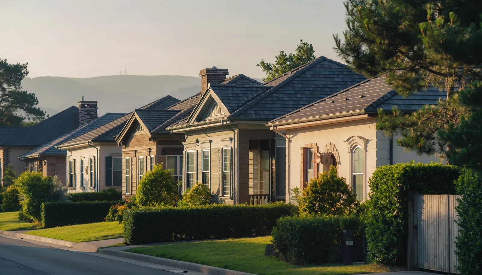 Row of houses with green lawns and hedges, under a sunny sky; a mountain is in the background.