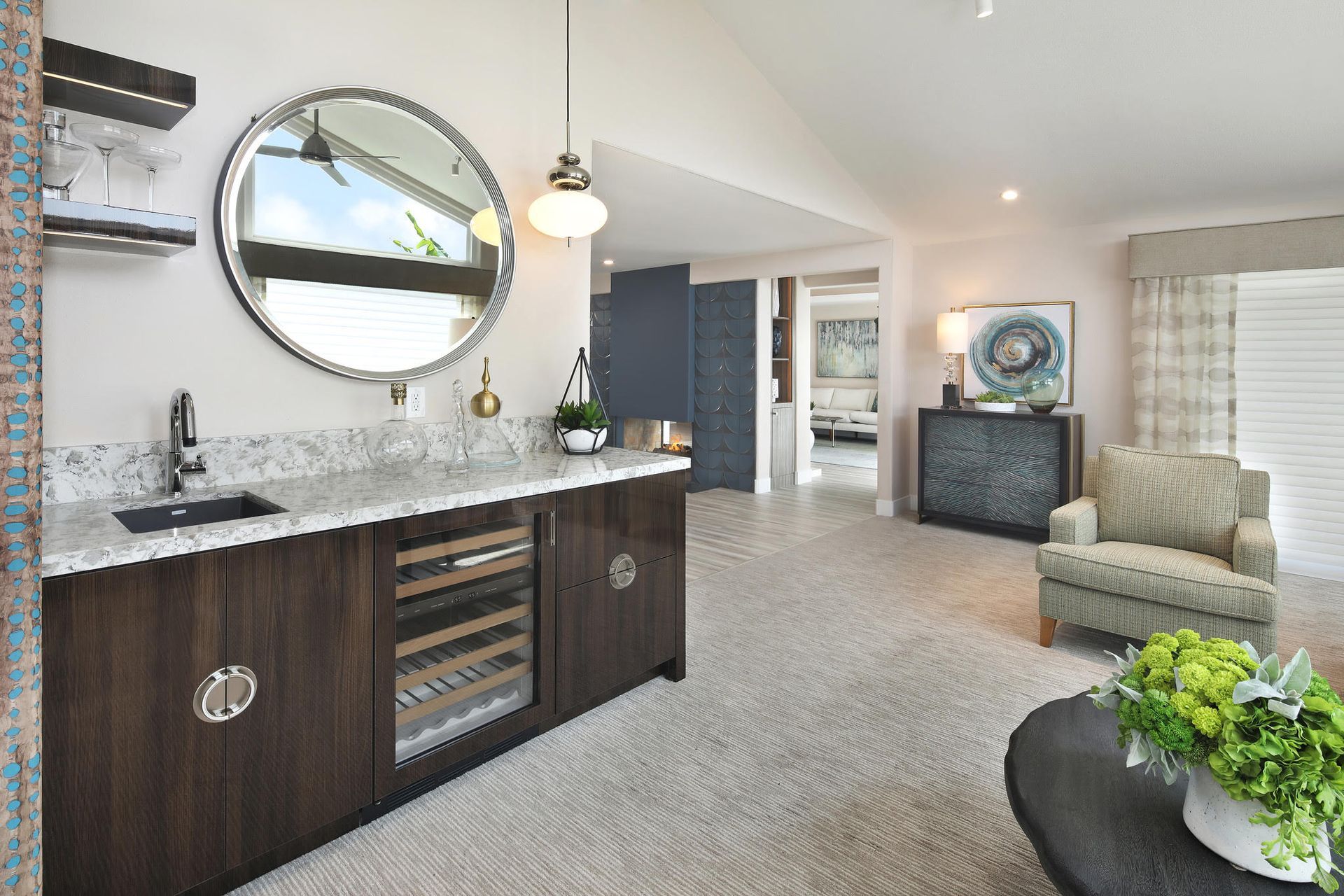 A living room with a bar and a chair