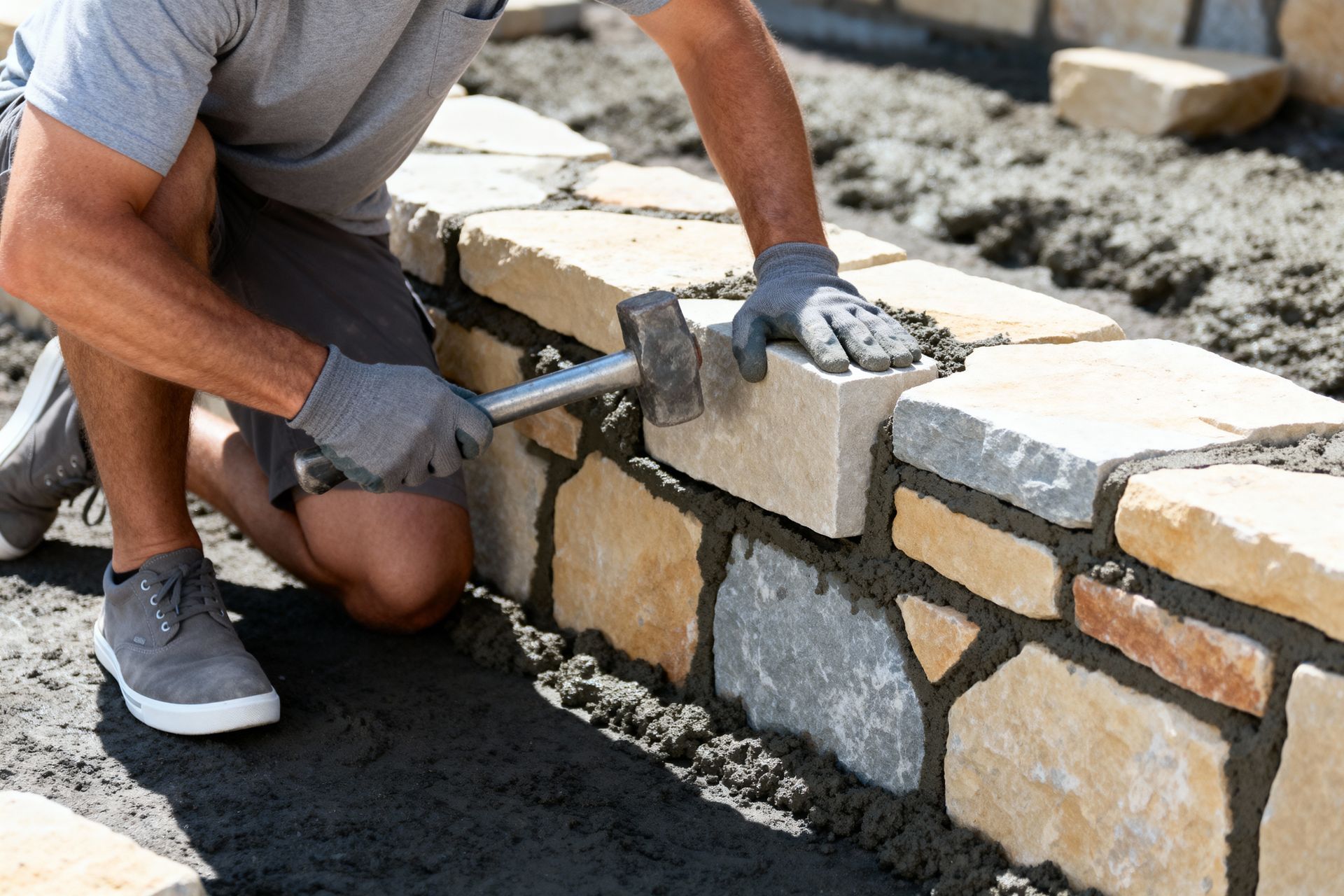 A person wearing gloves taps a tan stone block into place with a hammer while building a mortar-set stone garden wall.