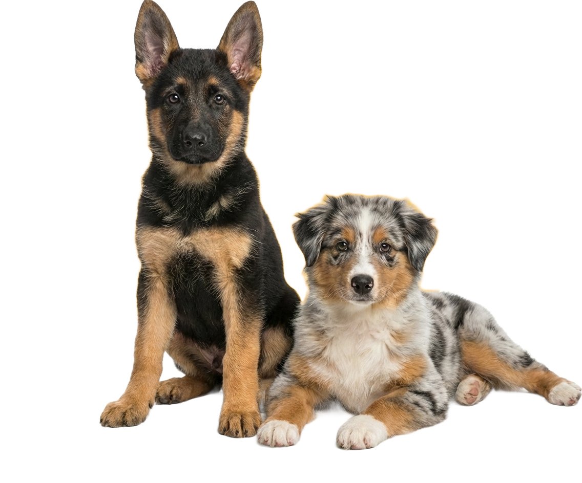 German Shepherd puppy sits beside a Blue Merle Australian Shepherd puppy.
