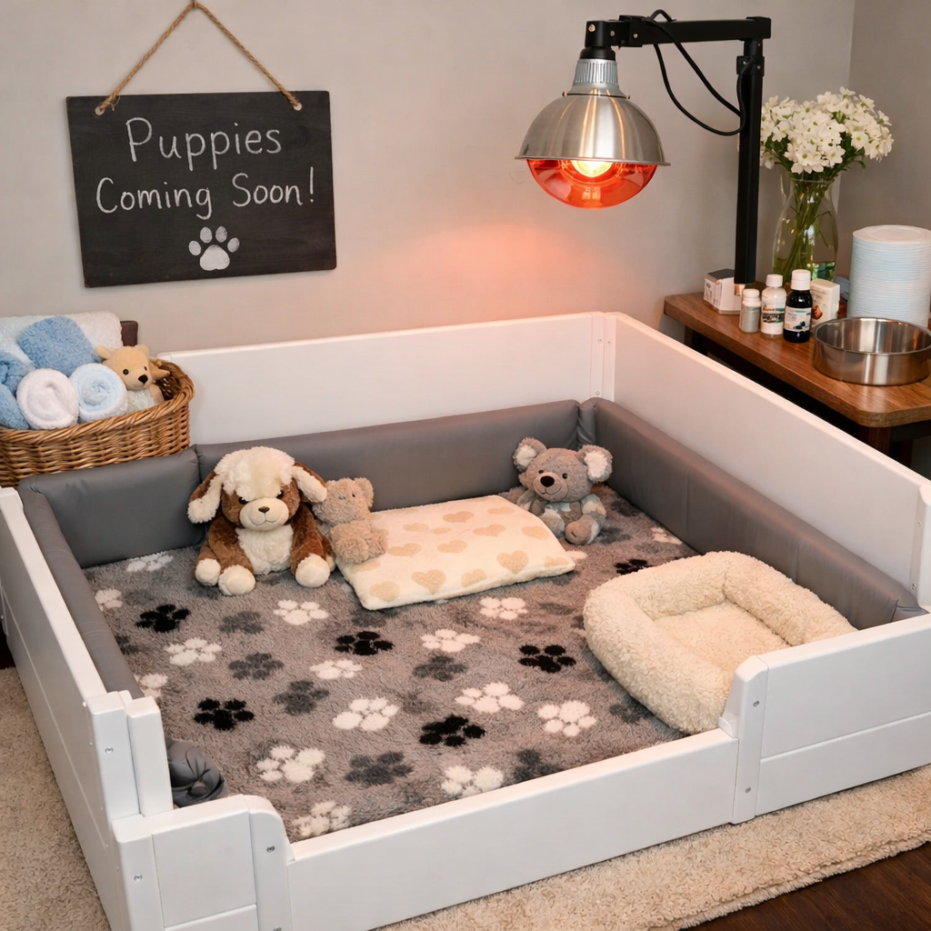 A white puppy whelping box with a paw-print blanket, stuffed toys, a heat lamp, and a