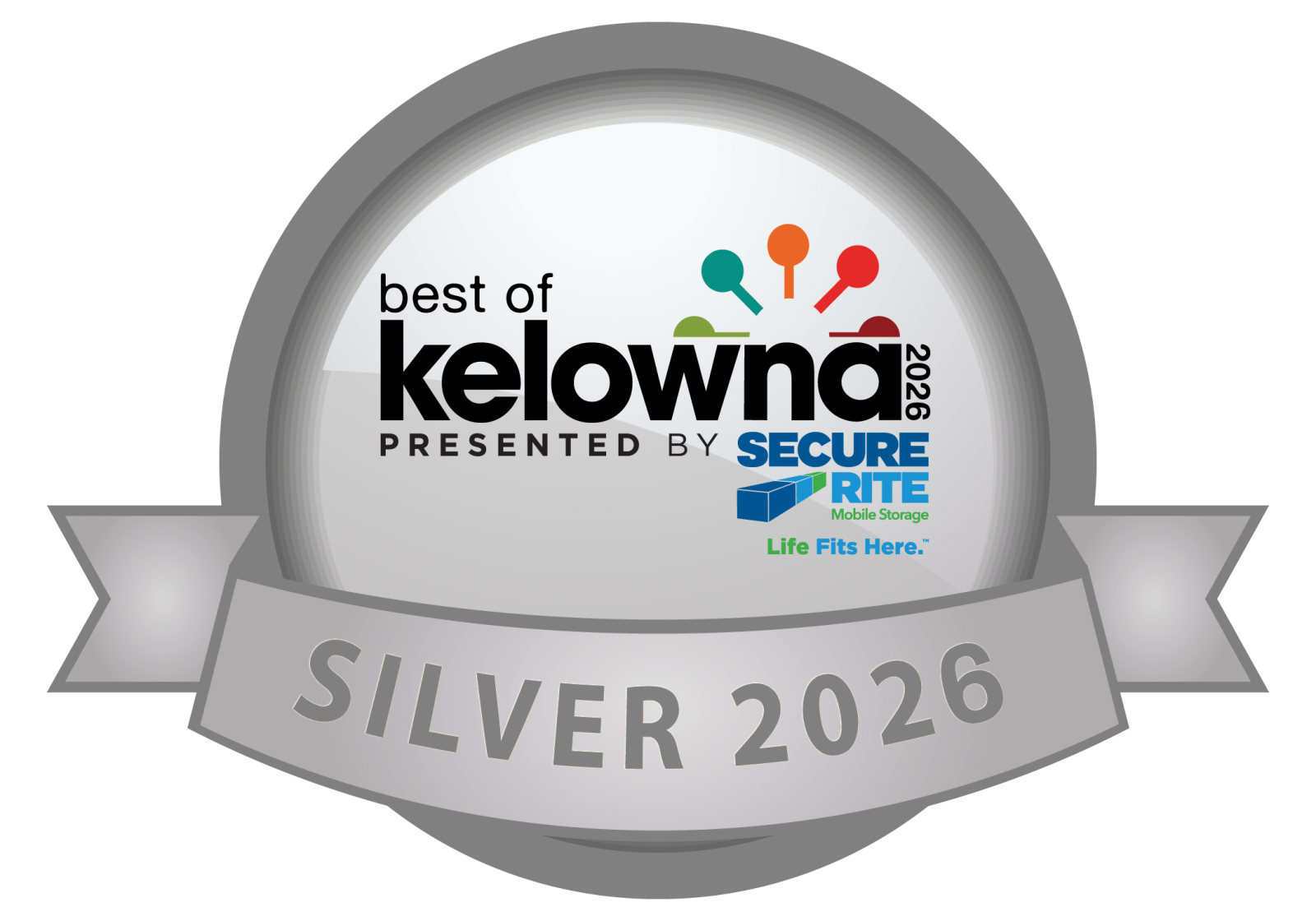 Best of Kelowna 2025 Silver award badge with grey ribbon and blue-red logo