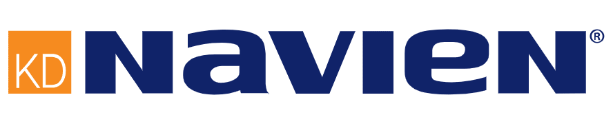 A blue and orange navien logo on a white background