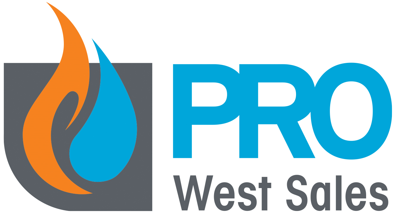 A logo for pro west sales with a flame and a drop of water.