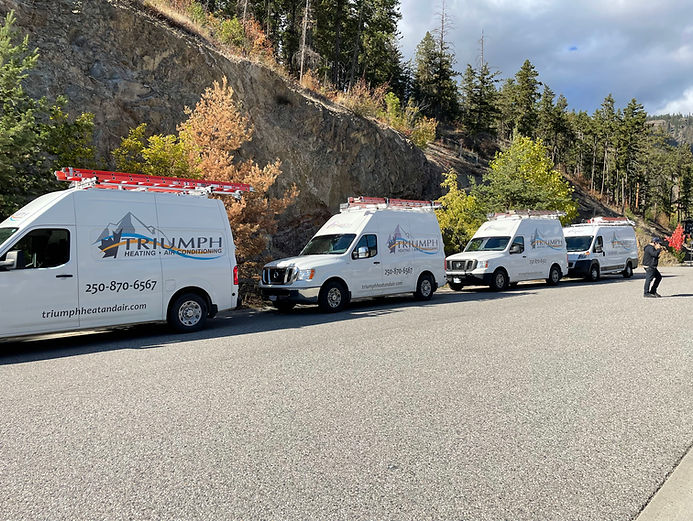 A row of triumph vans are parked on the side of the road.