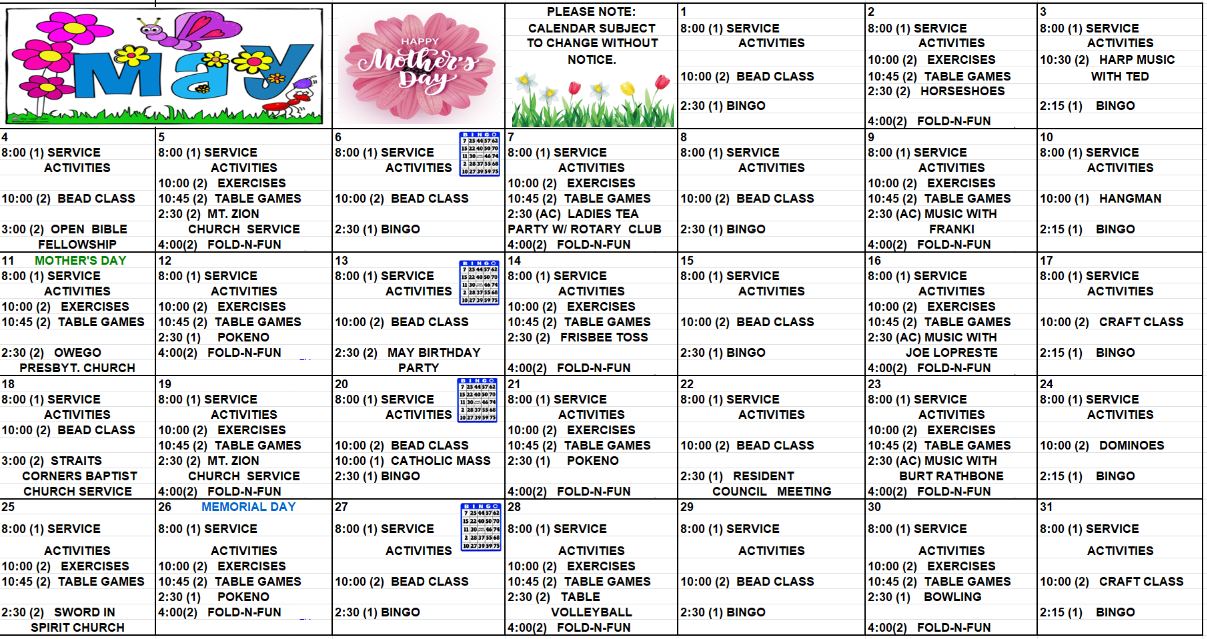 River View Activity Calendar