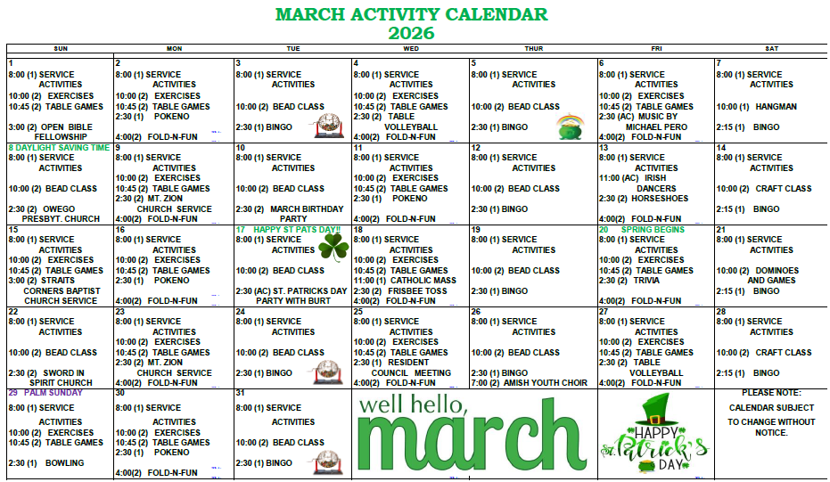 River View Activity Calendar