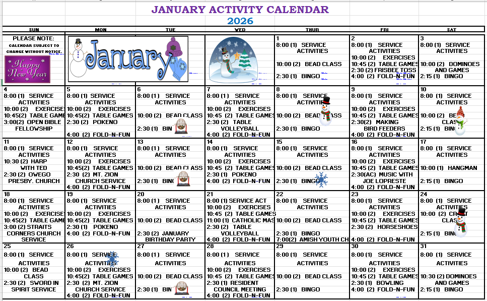 River View Activity Calendar