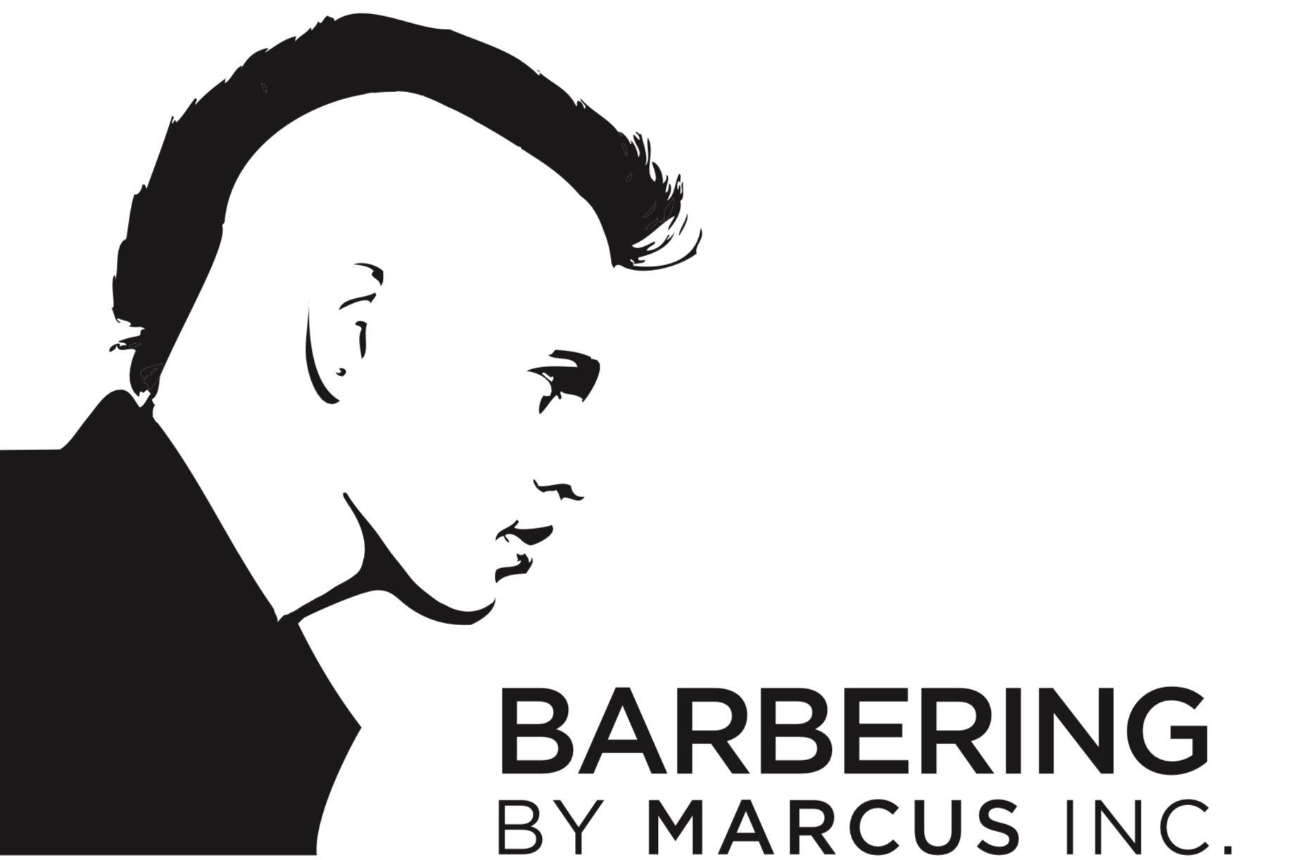 A black and white logo for barbering by marcus inc.