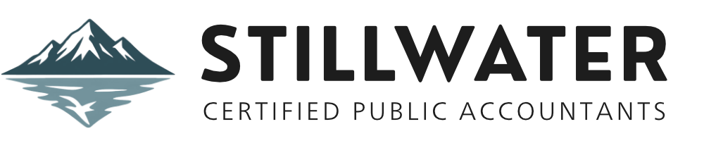Logo for Stillwater Certified Public Accountants featuring a dark mountain reflected in blue water.